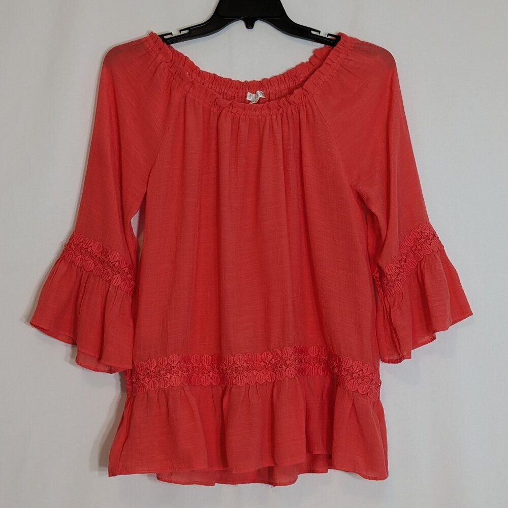 SPENSE Coral Red Chiffon Ruffled Pullover Peasant Top; Size L